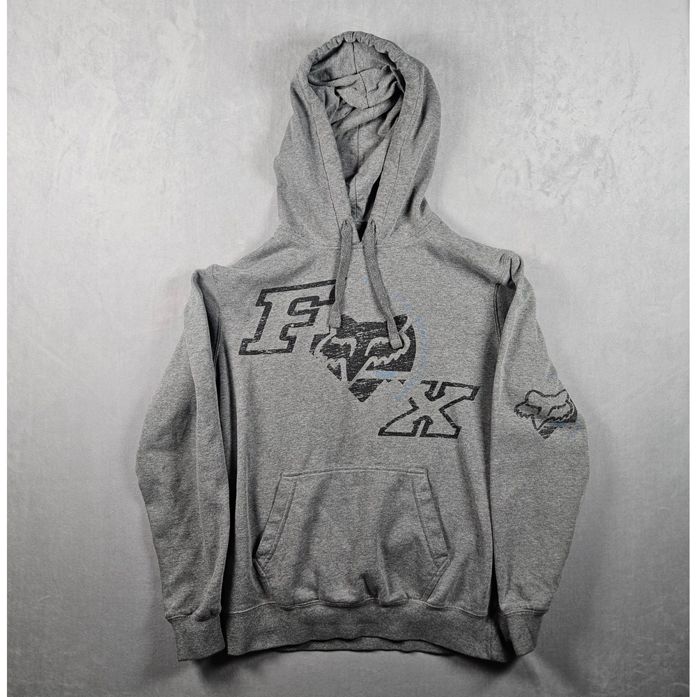 Fox Racing Hoodie Mens Medium Gray Heritage Forged Distressed Graphic Sweatshirt